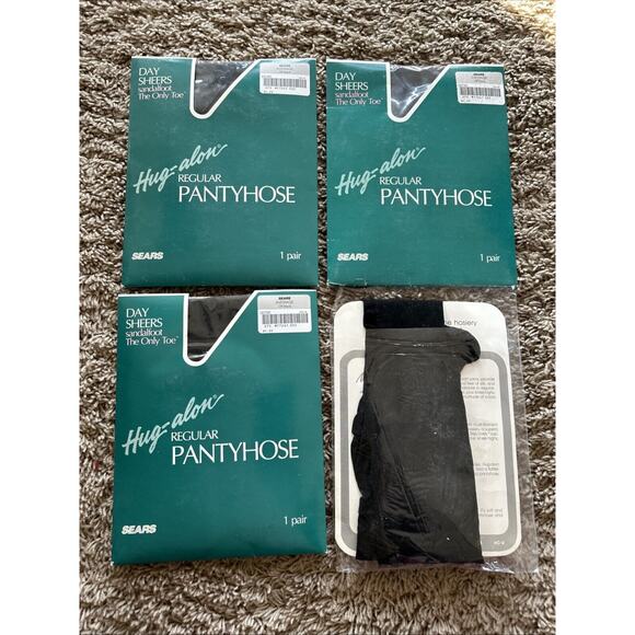 LOT Sears Hug-alon AVERAGE Sandalfoot The Only Toe Nylon Pantyhose OFF BLACK A25 - Picture 1 of 5